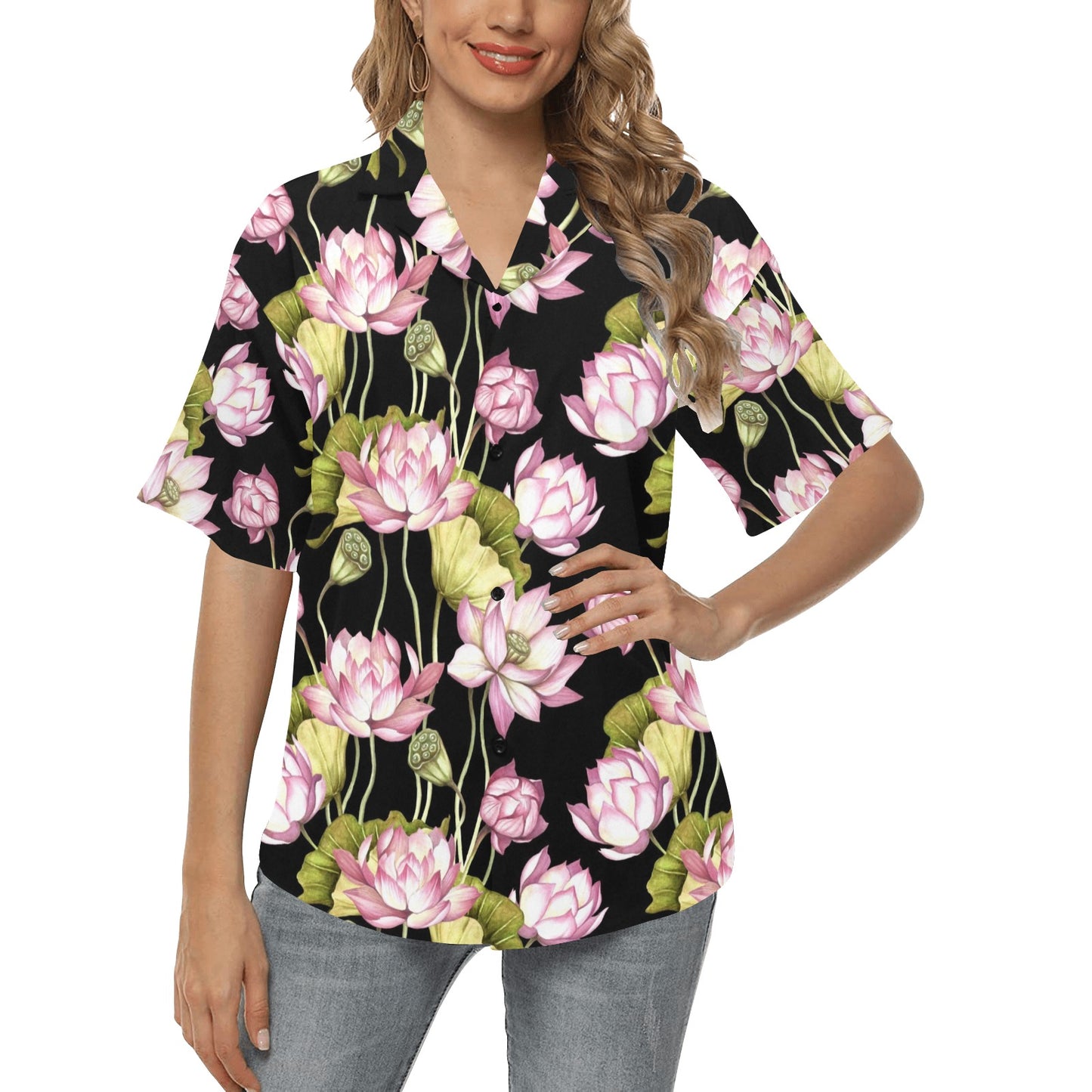 Water Lily Pattern Print Design WL06 Women's Hawaiian Shirt