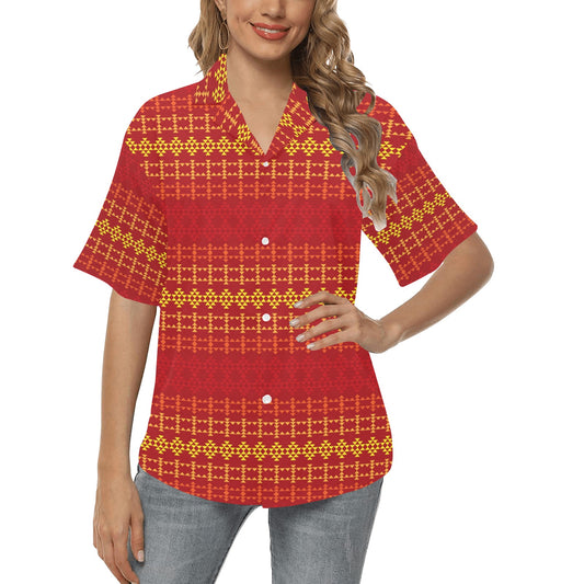 Southwest Red Gold Design Themed Print Women's Hawaiian Shirt