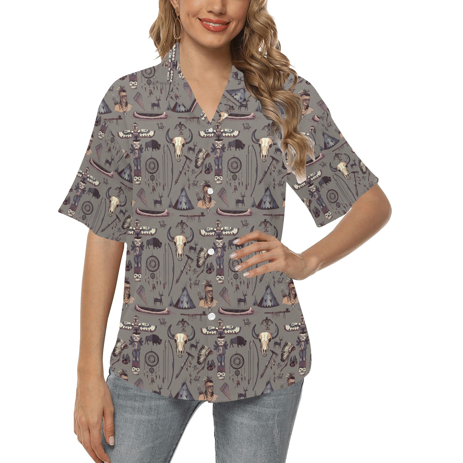 Native Indian life Design Print Women's Hawaiian Shirt