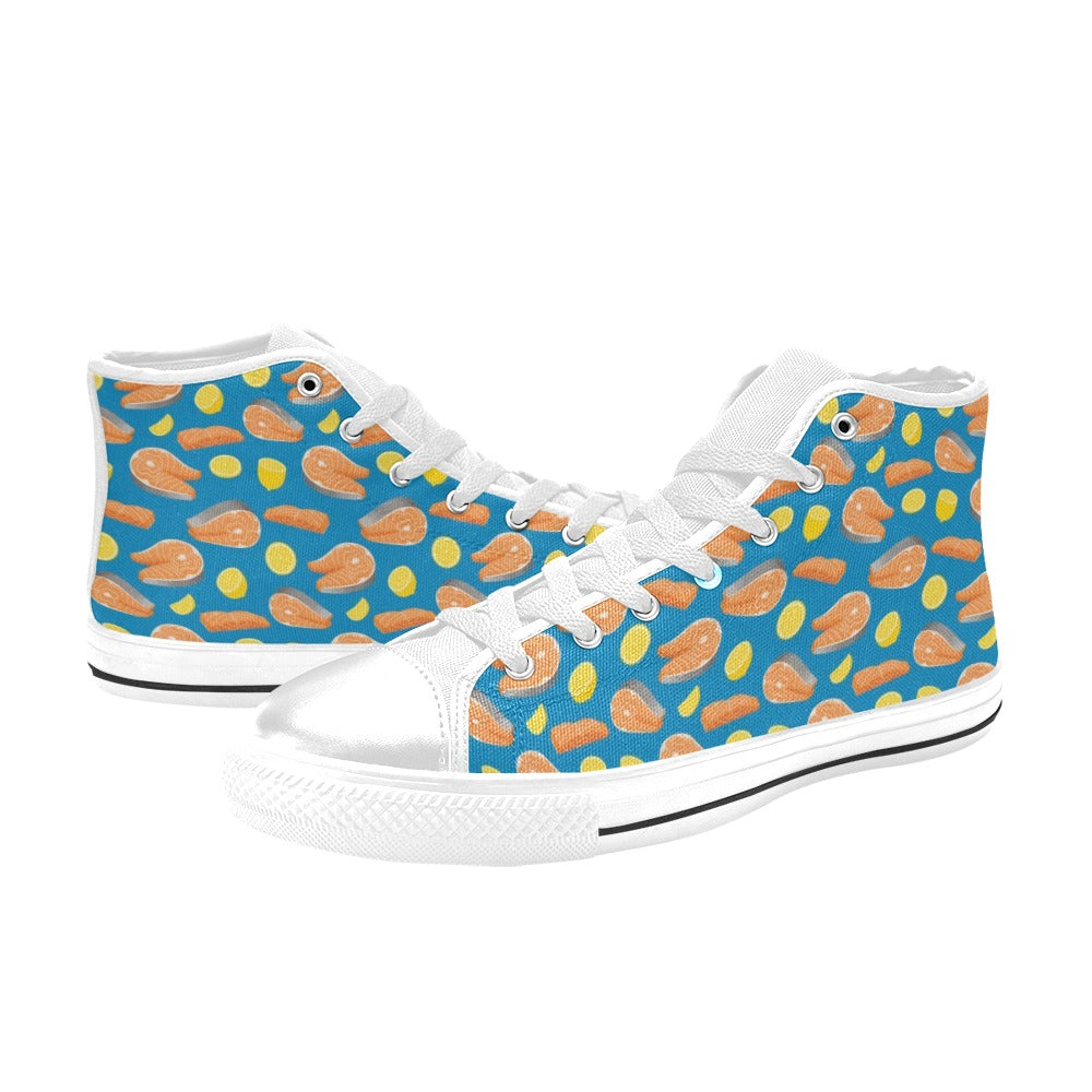 Salmon Steak With Lemon Print Design LKS308 High Top Women's White Shoes