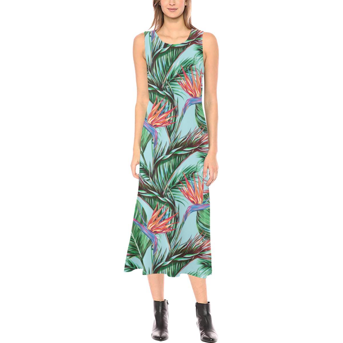 Bird Of Paradise Pattern Print Design BOP01 Sleeveless Open Fork Long Dress