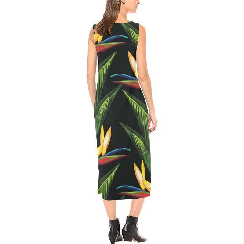 Bird Of Paradise Pattern Print Design BOP012 Sleeveless Open Fork Long Dress