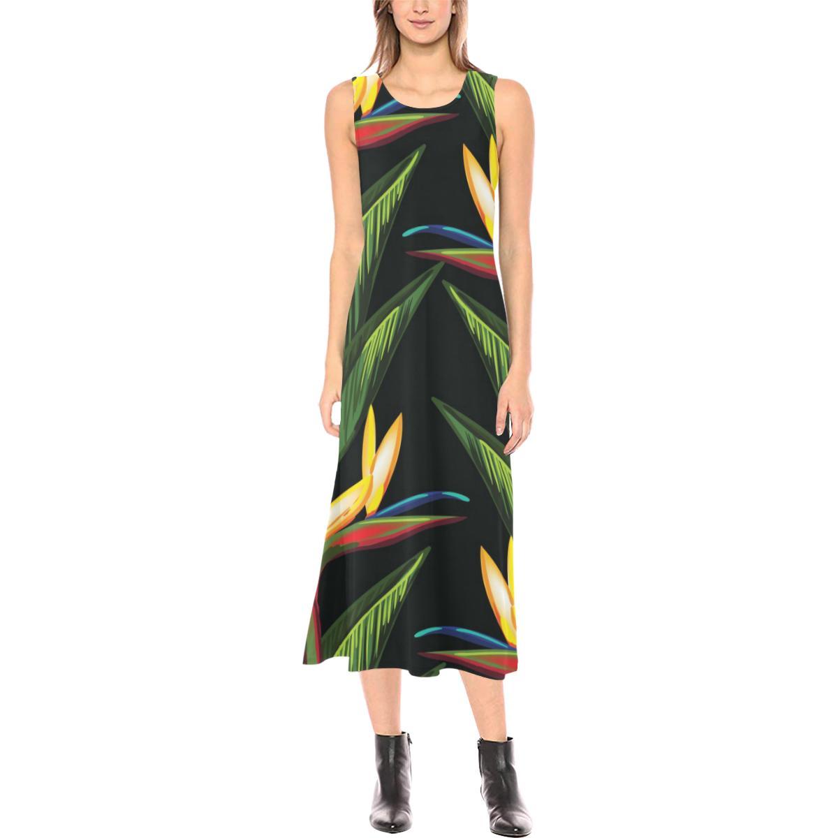 Bird Of Paradise Pattern Print Design BOP012 Sleeveless Open Fork Long Dress