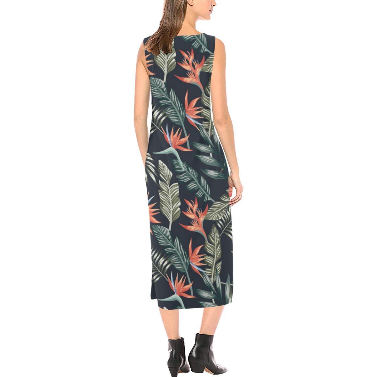 Bird Of Paradise Pattern Print Design BOP02 Sleeveless Open Fork Long Dress