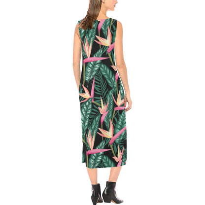 Bird Of Paradise Pattern Print Design BOP03 Sleeveless Open Fork Long Dress