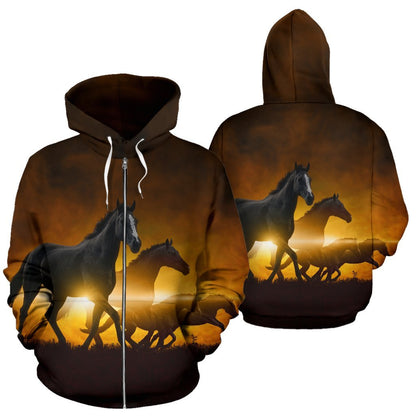 Black Horses riding Women Men Zip Up Hoodie