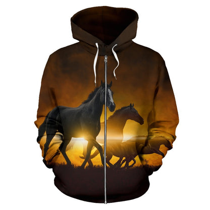 Black Horses riding Women Men Zip Up Hoodie