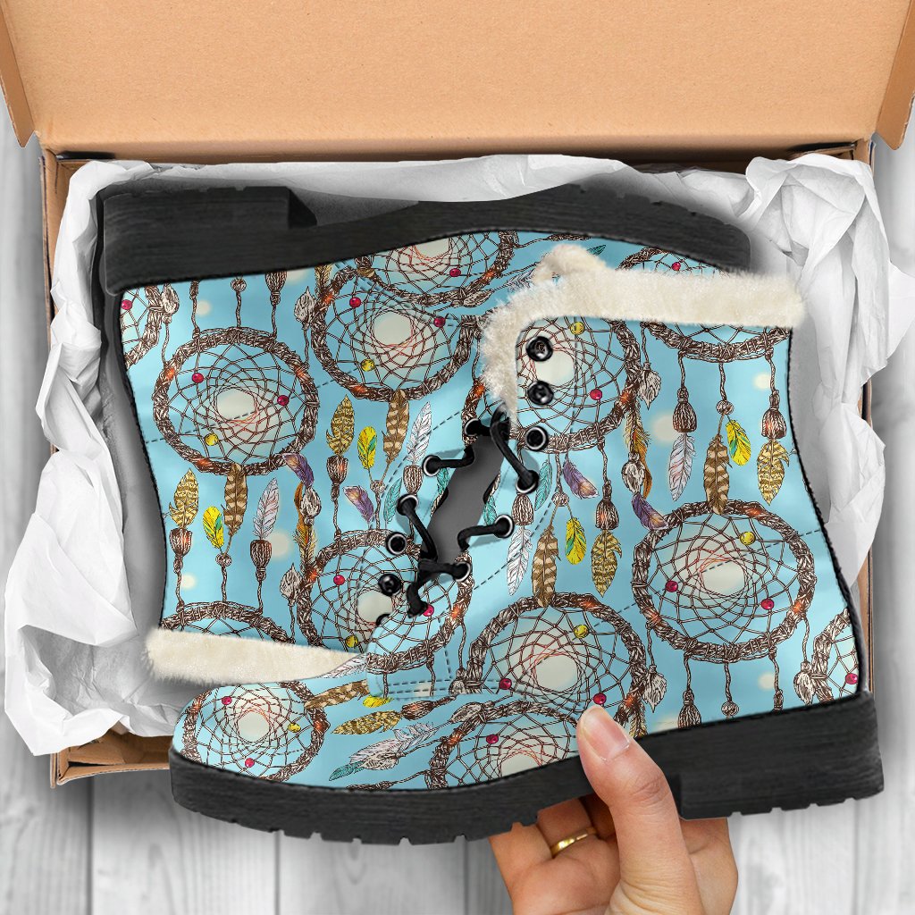 Blue Dream catcher Faux Fur Leather Boots