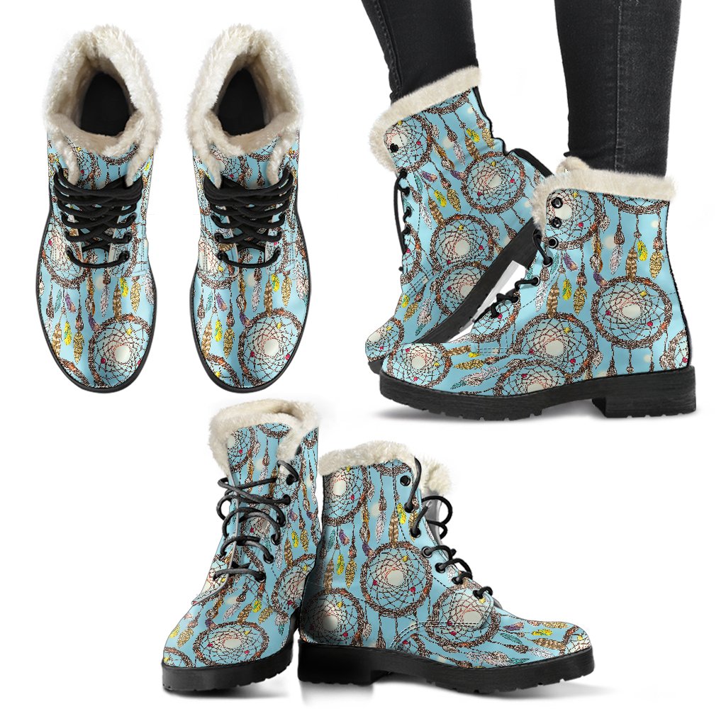Blue Dream catcher Faux Fur Leather Boots