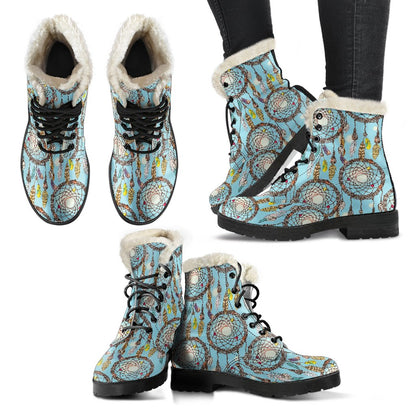 Blue Dream catcher Faux Fur Leather Boots