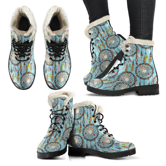Blue Dream catcher Faux Fur Leather Boots
