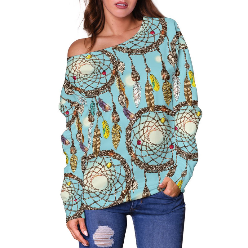 Blue Dream Catcher Off Shoulder Sweatshirt