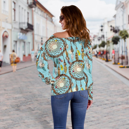Blue Dream Catcher Off Shoulder Sweatshirt