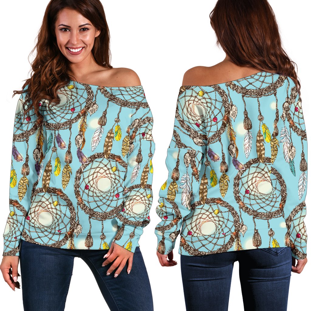 Blue Dream Catcher Off Shoulder Sweatshirt