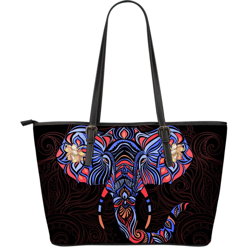 Blue Elephant Indian Mandala Large Leather Tote Bag