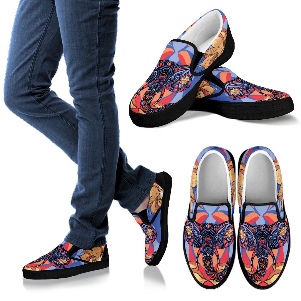Blue Elephant Indian Mandala Men Canvas Slip On Shoes