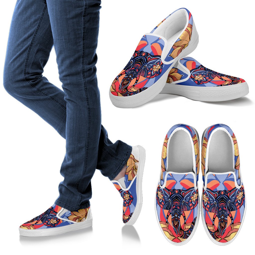 Blue Elephant Indian Mandala Men Canvas Slip On Shoes