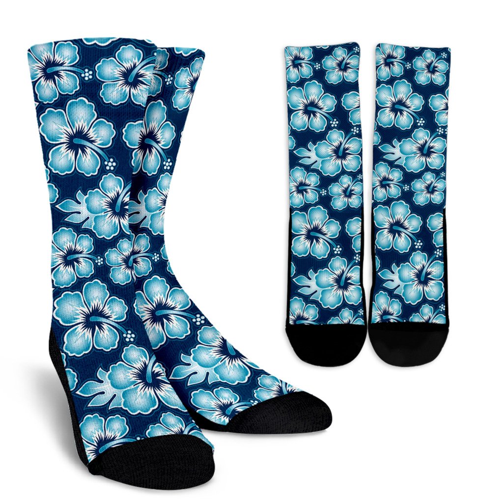 Blue Hibiscus Pattern Print Design HB011 Crew Socks-JORJUNE.COM