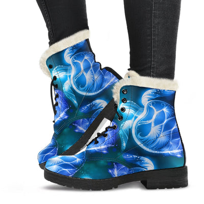 Blue Neon Sea Turtle Print Faux Fur Leather Boots