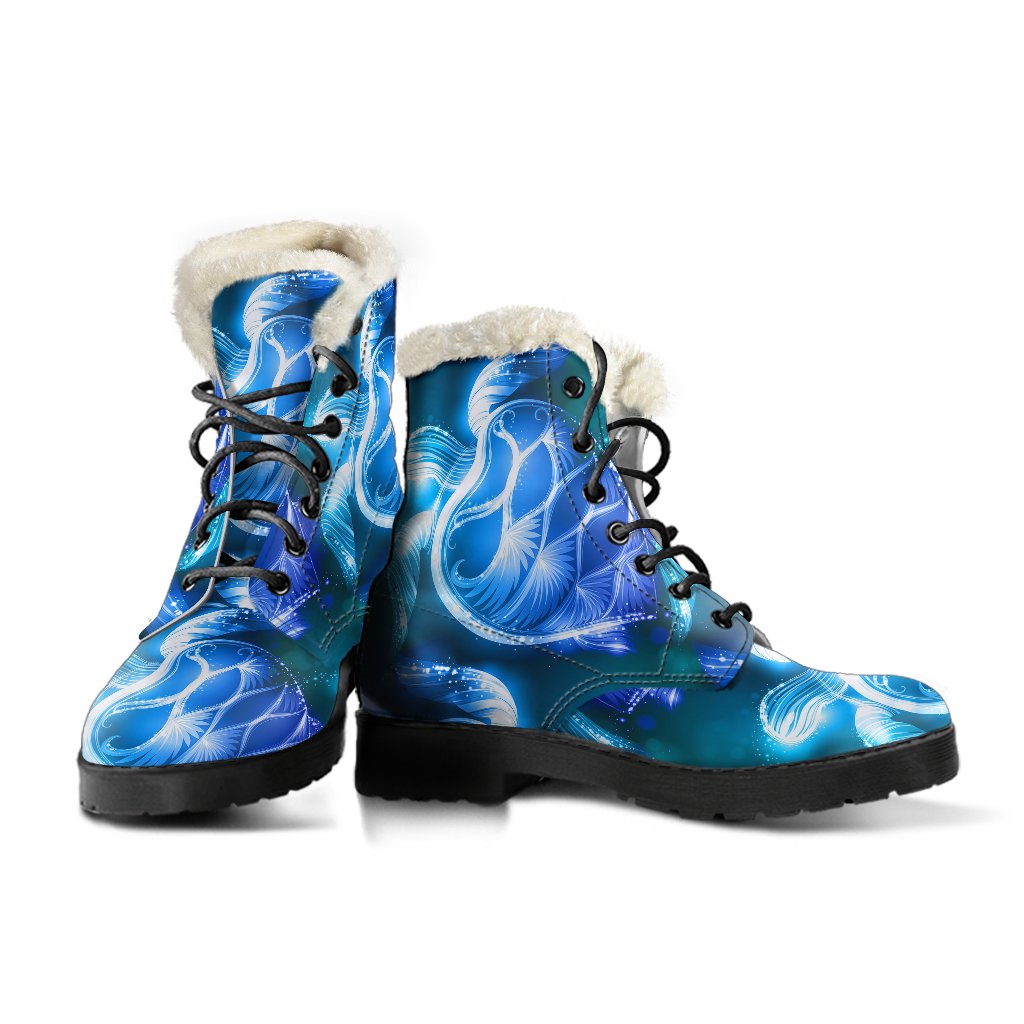 Blue Neon Sea Turtle Print Faux Fur Leather Boots