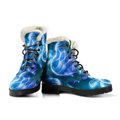 Blue Neon Sea Turtle Print Faux Fur Leather Boots