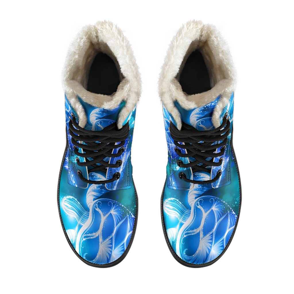 Blue Neon Sea Turtle Print Faux Fur Leather Boots