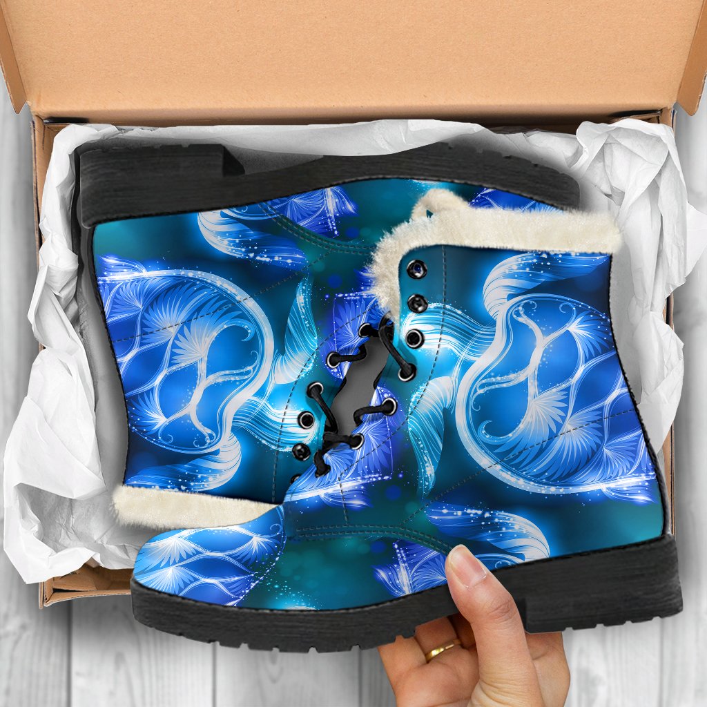 Blue Neon Sea Turtle Print Faux Fur Leather Boots