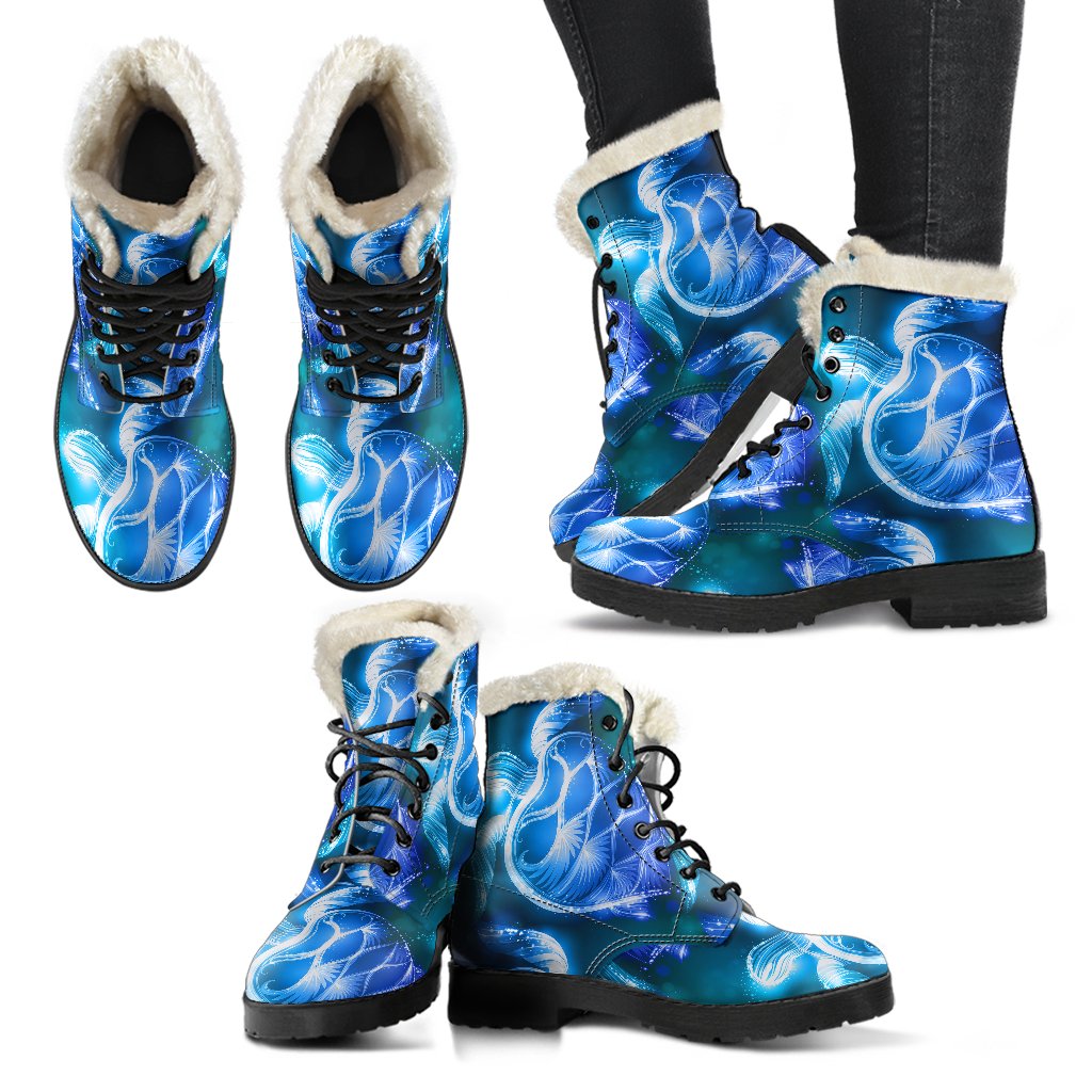 Blue Neon Sea Turtle Print Faux Fur Leather Boots