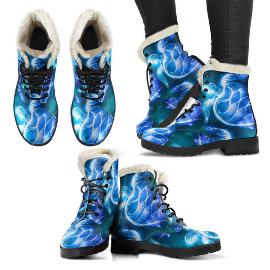 Blue Neon Sea Turtle Print Faux Fur Leather Boots