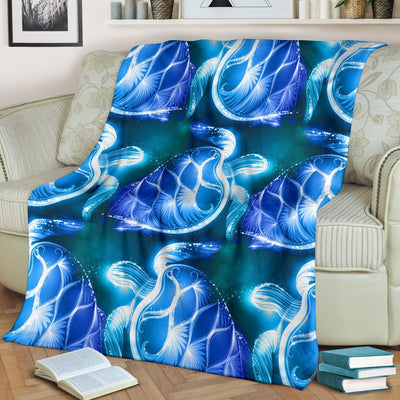 Blue Neon Sea Turtle Print Fleece Blanket