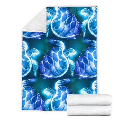 Blue Neon Sea Turtle Print Fleece Blanket