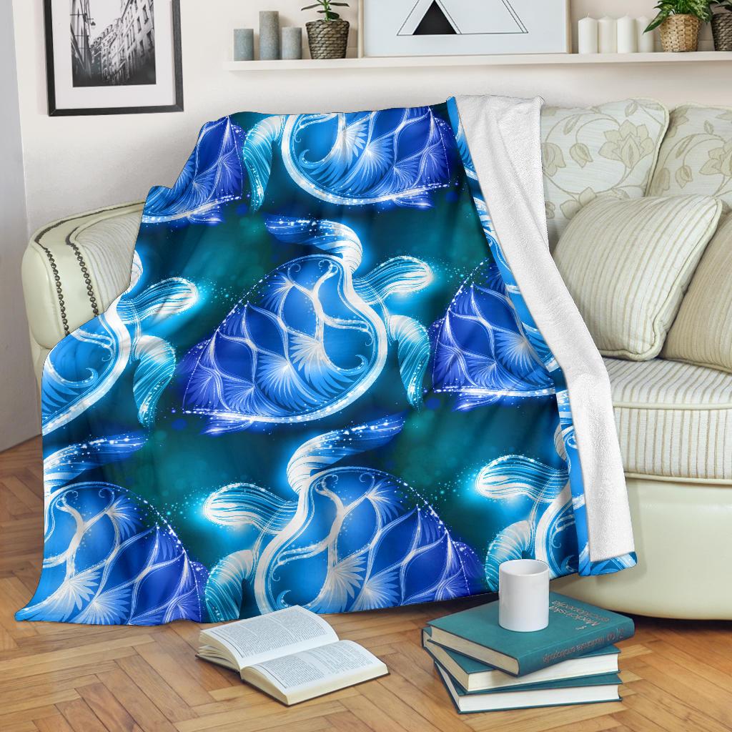 Blue Neon Sea Turtle Print Fleece Blanket