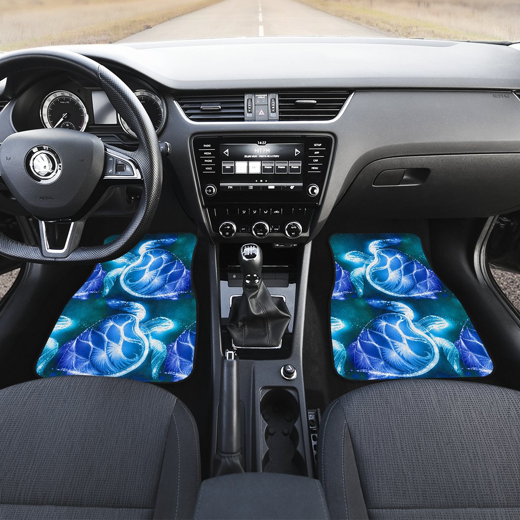Blue Neon Sea Turtle Print Front and Back Car Floor Mats