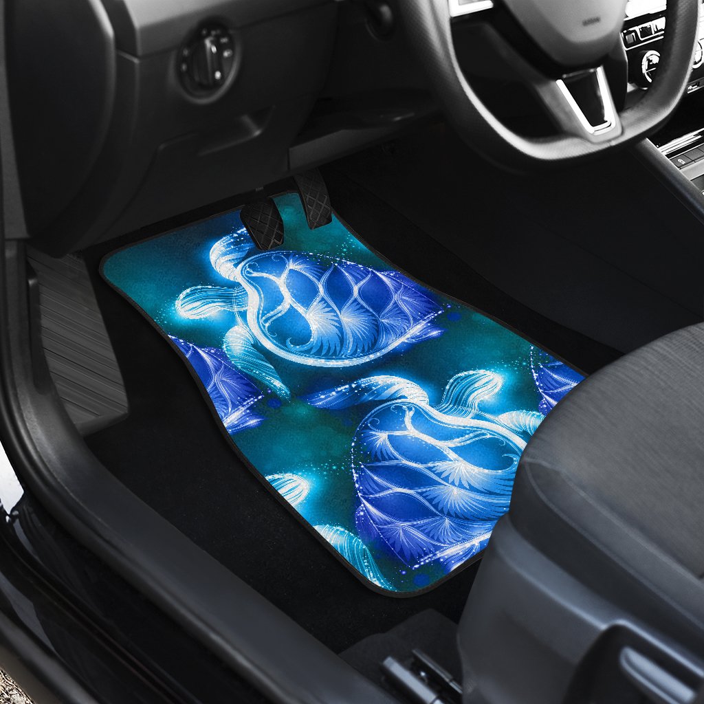 Blue Neon Sea Turtle Print Front and Back Car Floor Mats