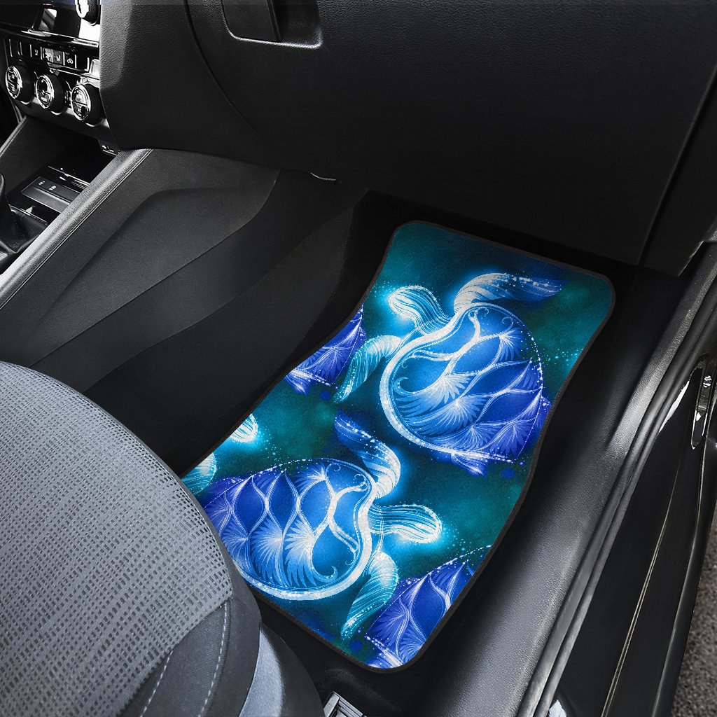 Blue Neon Sea Turtle Print Front and Back Car Floor Mats