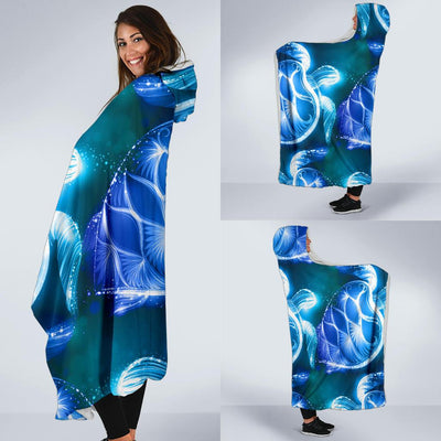 Blue Neon Sea Turtle Print Hooded Blanket-JORJUNE.COM