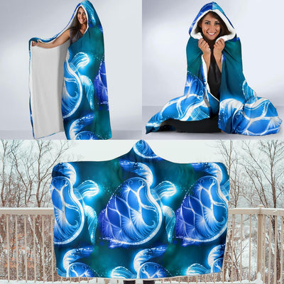 Blue Neon Sea Turtle Print Hooded Blanket-JORJUNE.COM