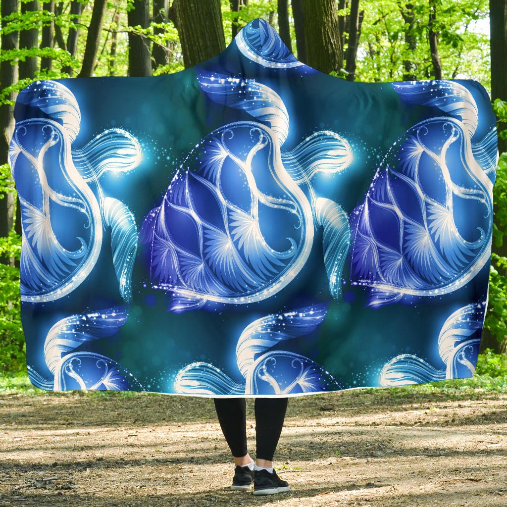 Blue Neon Sea Turtle Print Hooded Blanket-JORJUNE.COM