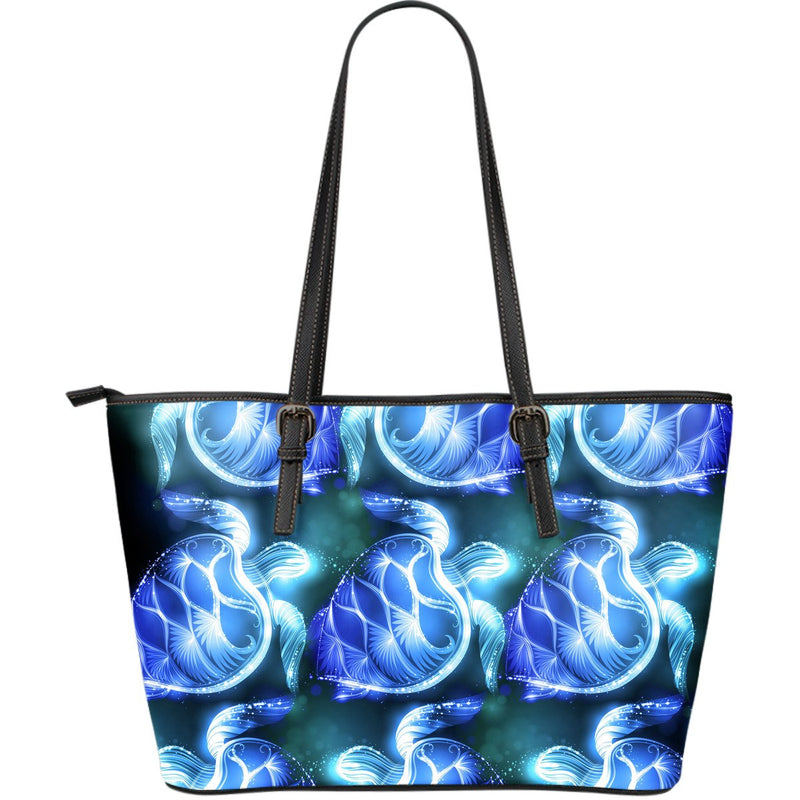 Blue Neon Sea Turtle Print Large Leather Tote Bag