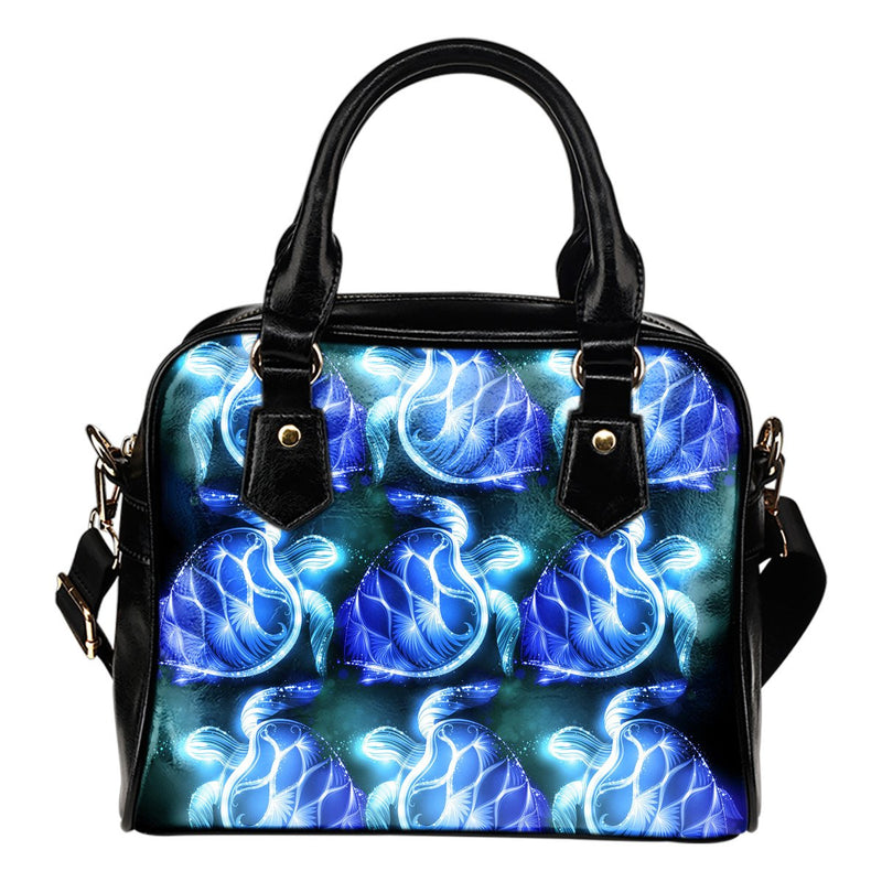 Blue Neon Sea Turtle Print Leather Shoulder Handbag