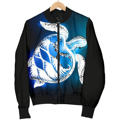 Blue Neon Sea Turtle Print Men Casual Bomber Jacket-JorJune