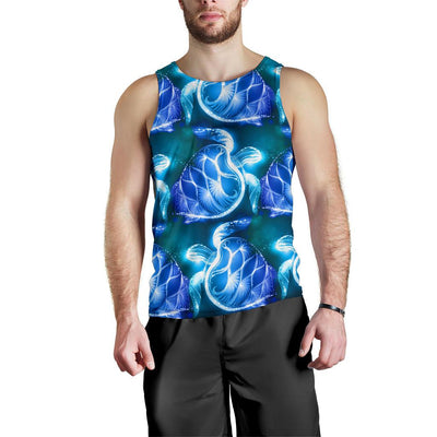 Blue Neon Sea Turtle Print Men Tank Top