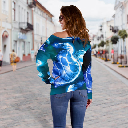Blue Neon Sea Turtle Print Off Shoulder Sweatshirt