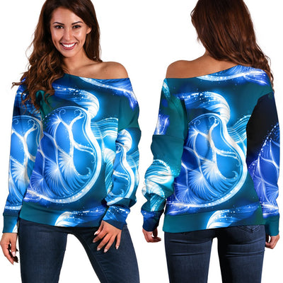 Blue Neon Sea Turtle Print Off Shoulder Sweatshirt
