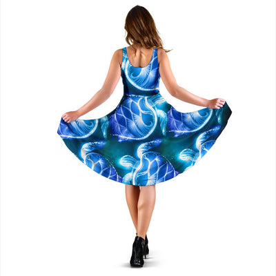 Blue Neon Sea Turtle Print Sleeveless Mini Dress