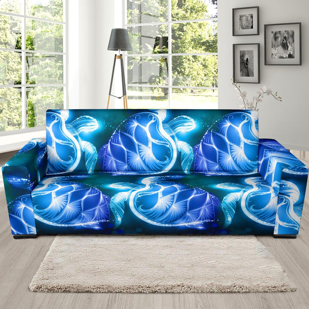 Blue Neon Sea Turtle Print Sofa Slipcover-JORJUNE.COM