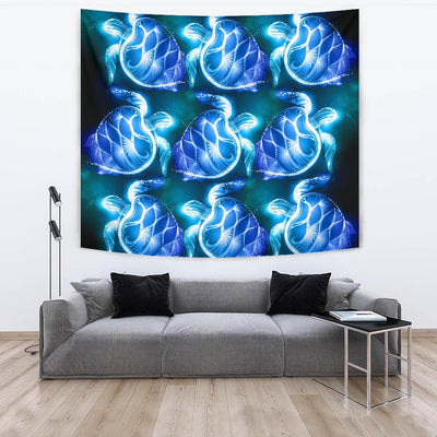 Blue Neon Sea Turtle Print Tapestry