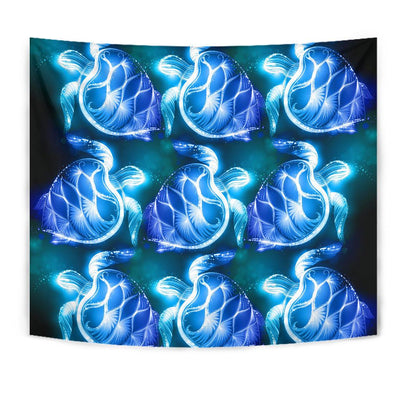 Blue Neon Sea Turtle Print Tapestry