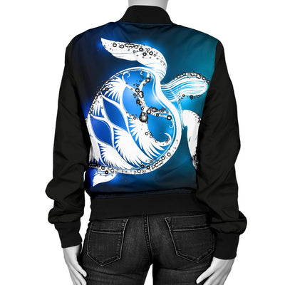 Blue Neon Sea Turtle Print Women Casual Bomber Jacket