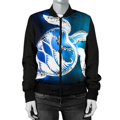 Blue Neon Sea Turtle Print Women Casual Bomber Jacket